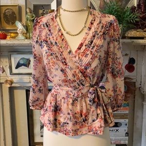 2 FOR $15 - Pink floral wrap blouse
